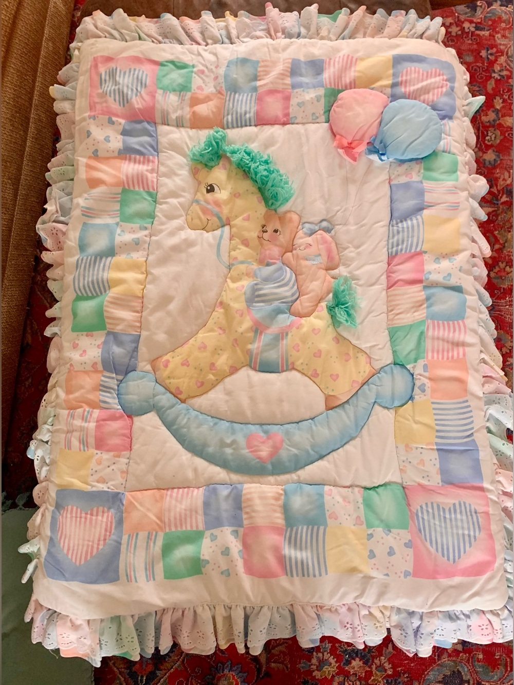 Vtg Red Calliope Little Bedding Pastel Baby Comforter Horse Puff Appliqué 1993